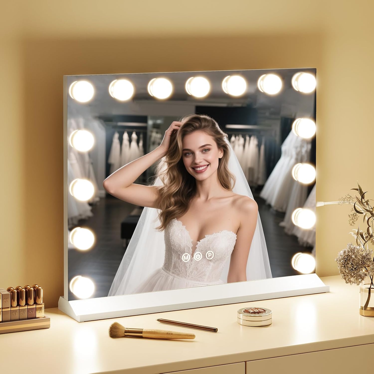 Memobarco Vanity Mirror with Lights, Makeup Mirror with USB/Type-C Charging, Large Hollywood Mirrors w/ 15 LED Bulbs & 5X Magnifier, LED Mirrors for Bedroom Tabletop & Wall Mounted